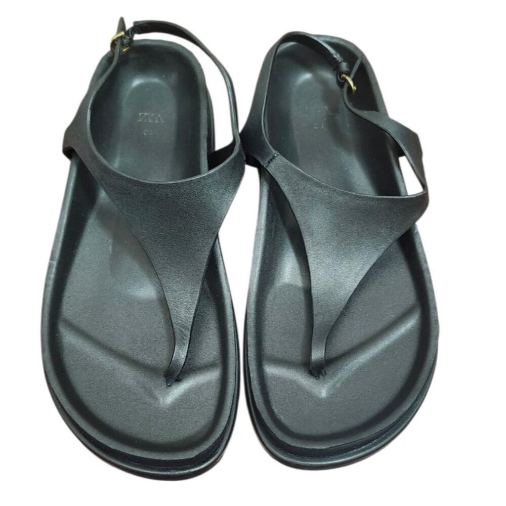 ZARA Women Black Minimalist Slingback Thong Sandals Size 36 Slip-On Flat Summer - Picture 3 of 11